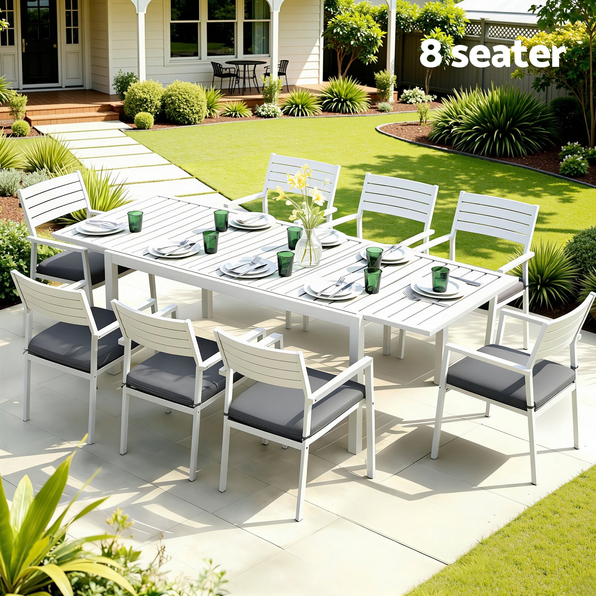 Outdoor 9PCS Extendable Aluminium Dining Set with Chairs - White & Grey