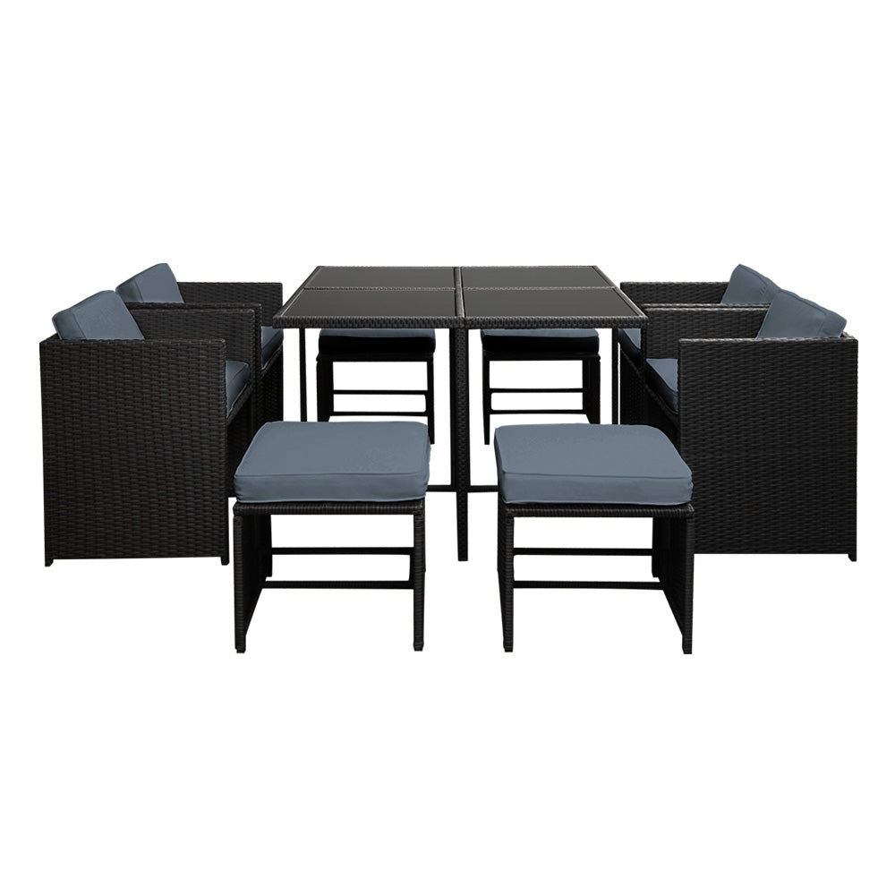Outdoor Dining Set 9 Piece Wicker Table Chairs Setting Black with cushioned seats and powder-coated steel frame