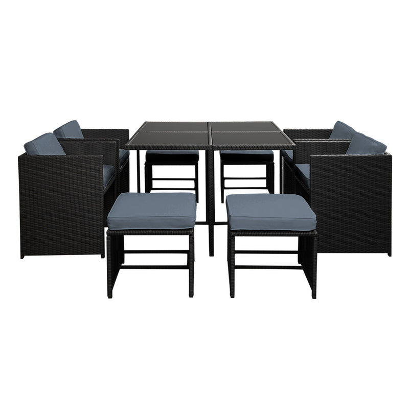 Outdoor Dining Set 9 Piece Wicker Table Chairs Setting Black with cushioned seats and powder-coated steel frame