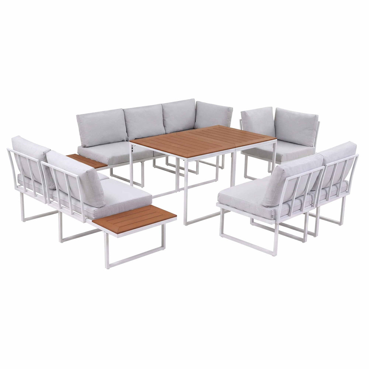 8 Seater Outdoor Modular Dining Sofa Set with WPC Side Tables - White