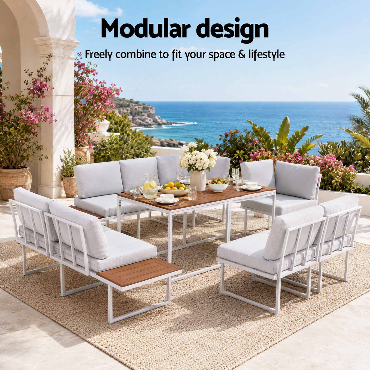8 Seater Outdoor Modular Dining Sofa Set with WPC Side Tables - White