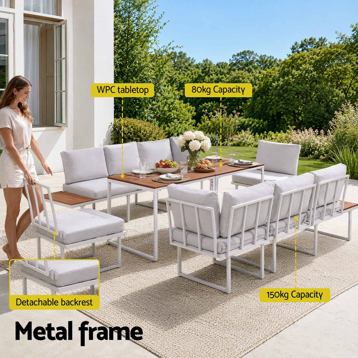 8 Seater Outdoor Modular Dining Sofa Set with WPC Side Tables - White