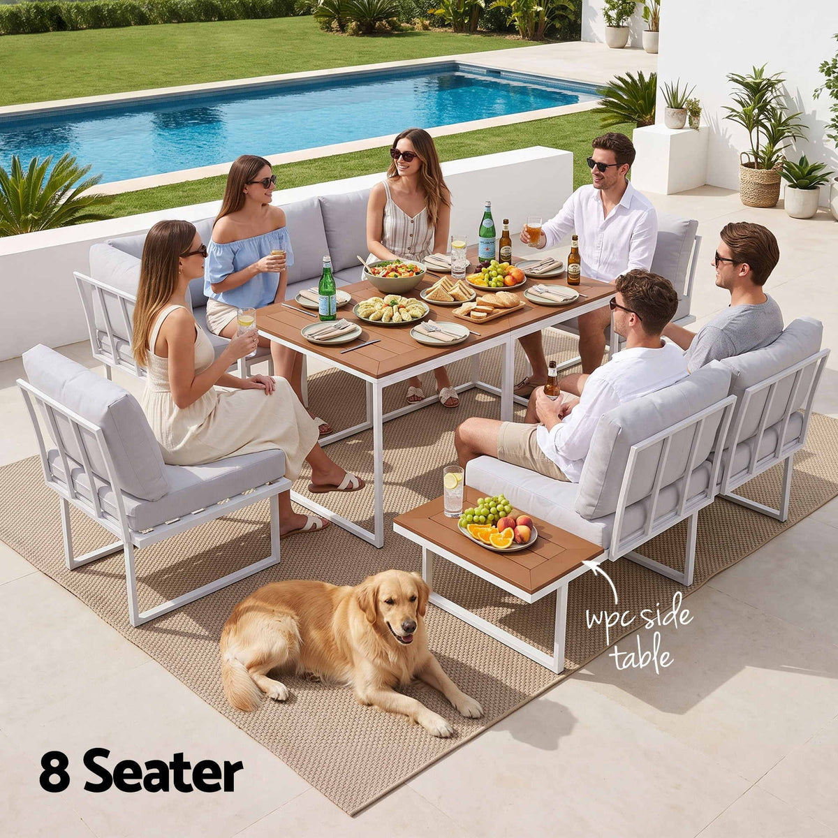8 Seater Outdoor Modular Dining Sofa Set with WPC Side Tables - White