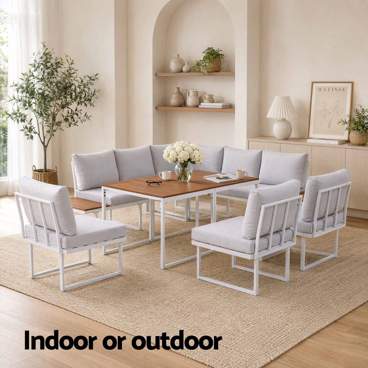 8 Seater Outdoor Modular Dining Sofa Set with WPC Side Tables - White