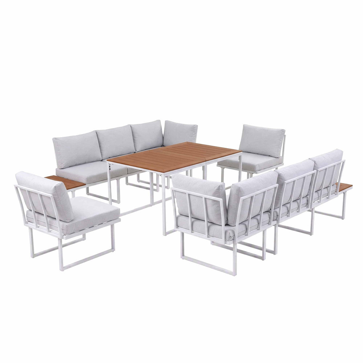 8 Seater Outdoor Modular Dining Sofa Set with WPC Side Tables - White