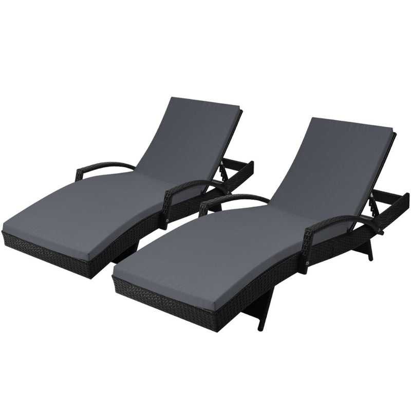 Set of 2 Bianca Outdoor Sun Lounger Chairs with Cushion - Black wicker frame with adjustable backrests and padded cushions