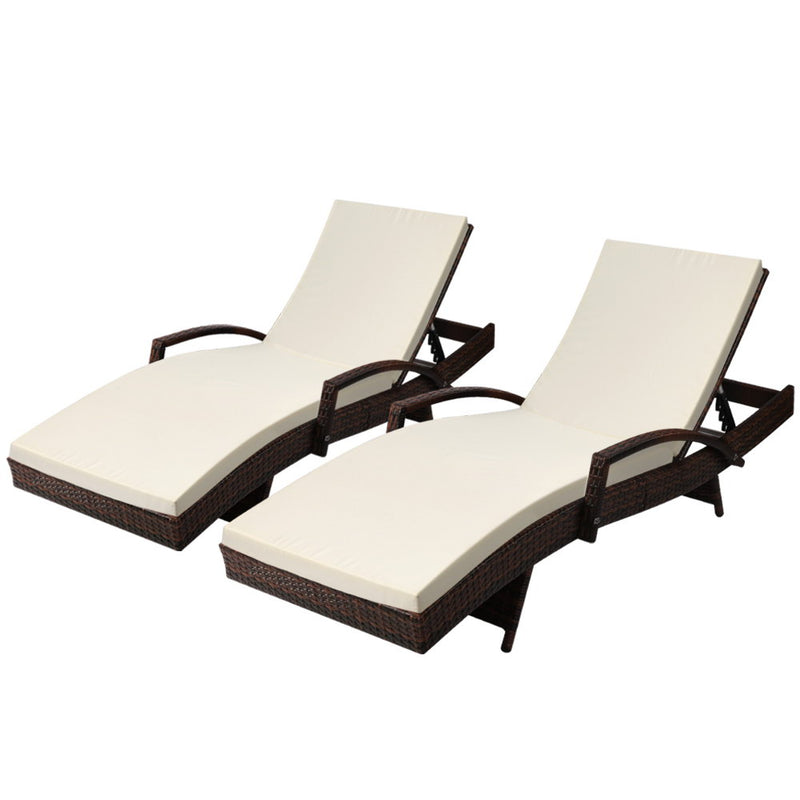 Set of 2 Bianca Outdoor Sun Lounger Chairs with Cushion - Brown-1