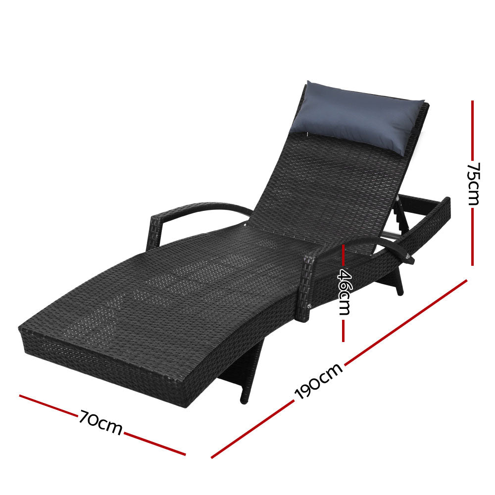 Bianca Outdoor Sun Lounger Chair with Pillow Headrest - Black