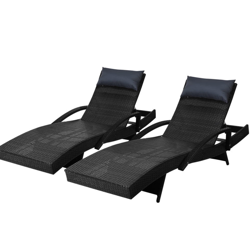 Set of 2 Bianca Outdoor Sun Lounger Chairs with Pillow Headrests - Black woven UV-resistant PE wicker loungers