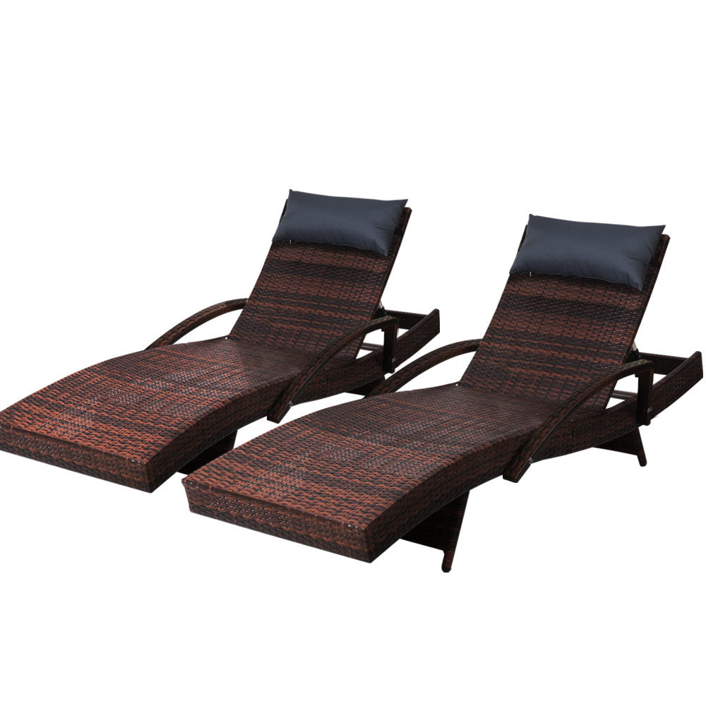 Set of 2 Bianca Outdoor Sun Lounger Chairs with Pillow Headrests - Brown PE wicker twin pack furniture