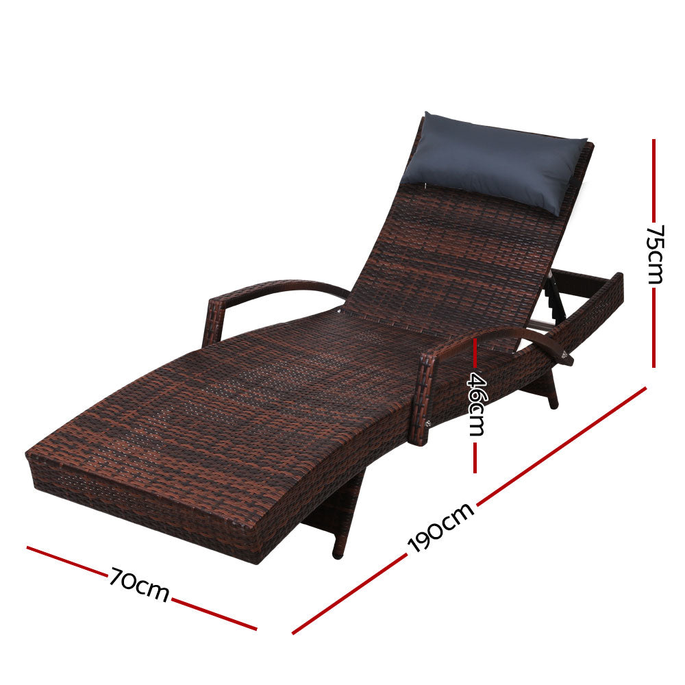 Set of 2 Bianca Outdoor Sun Lounger Chairs with Pillow Headrests - Brown woven UV-resistant PE wicker design with adjustable backrest