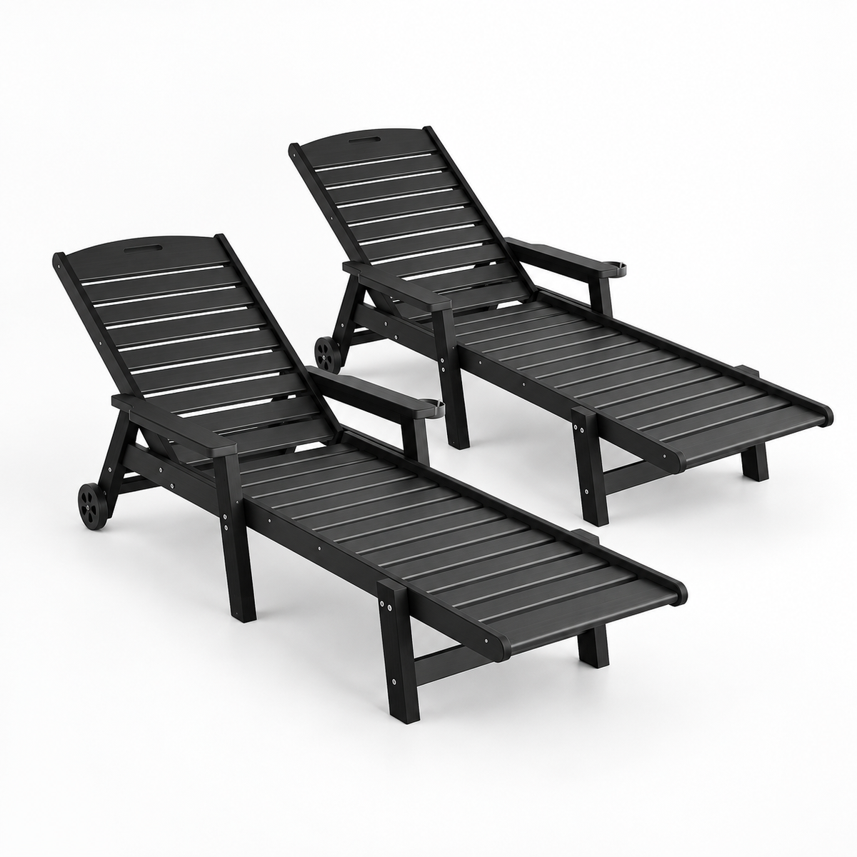 2PCS Adjustable Sun Lounge Lounger Beach Chairs with Wheels - Black