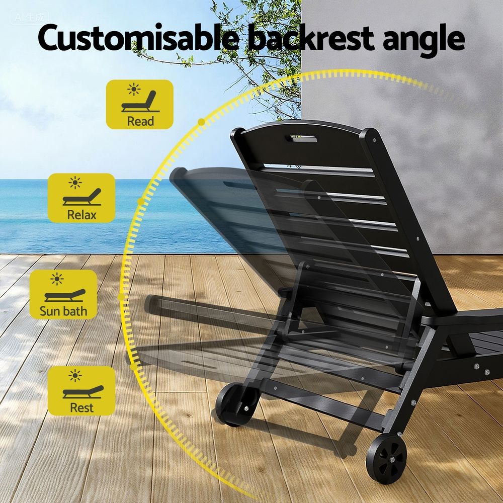 2PCS Adjustable Sun Lounge Lounger Beach Chairs with Wheels - Black