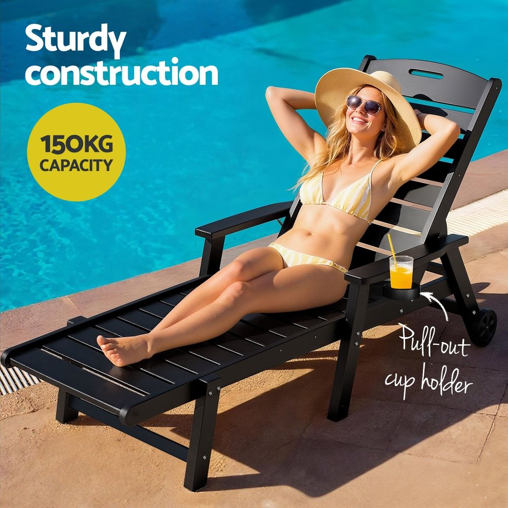 2PCS Adjustable Sun Lounge Lounger Beach Chairs with Wheels - Black