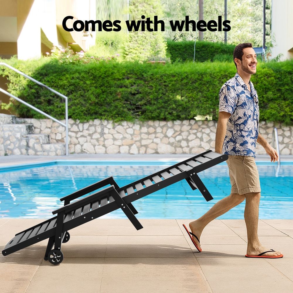 2PCS Adjustable Sun Lounge Lounger Beach Chairs with Wheels - Black