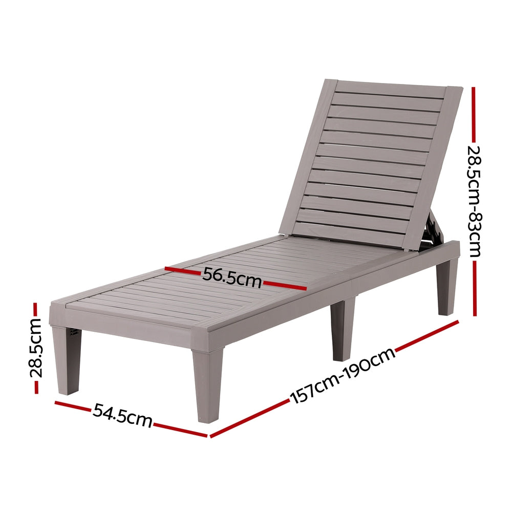 Sun Lounge Adjustable Recliner Patio Outdoor Furniture Lightweight Grey with slatted design and adjustable backrest shown with dimensions.