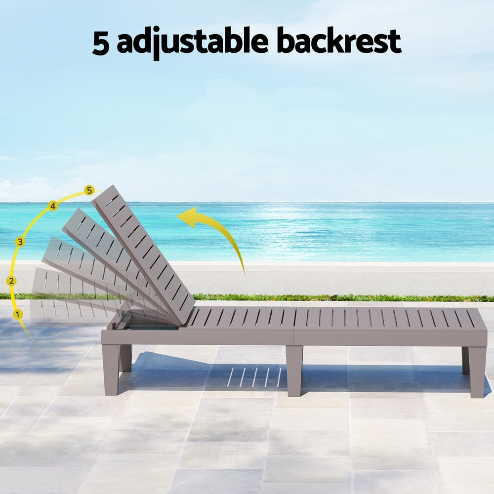 Sun Lounge Adjustable Recliner Patio Outdoor Furniture Lightweight Grey showing 5-level adjustable backrest by the poolside