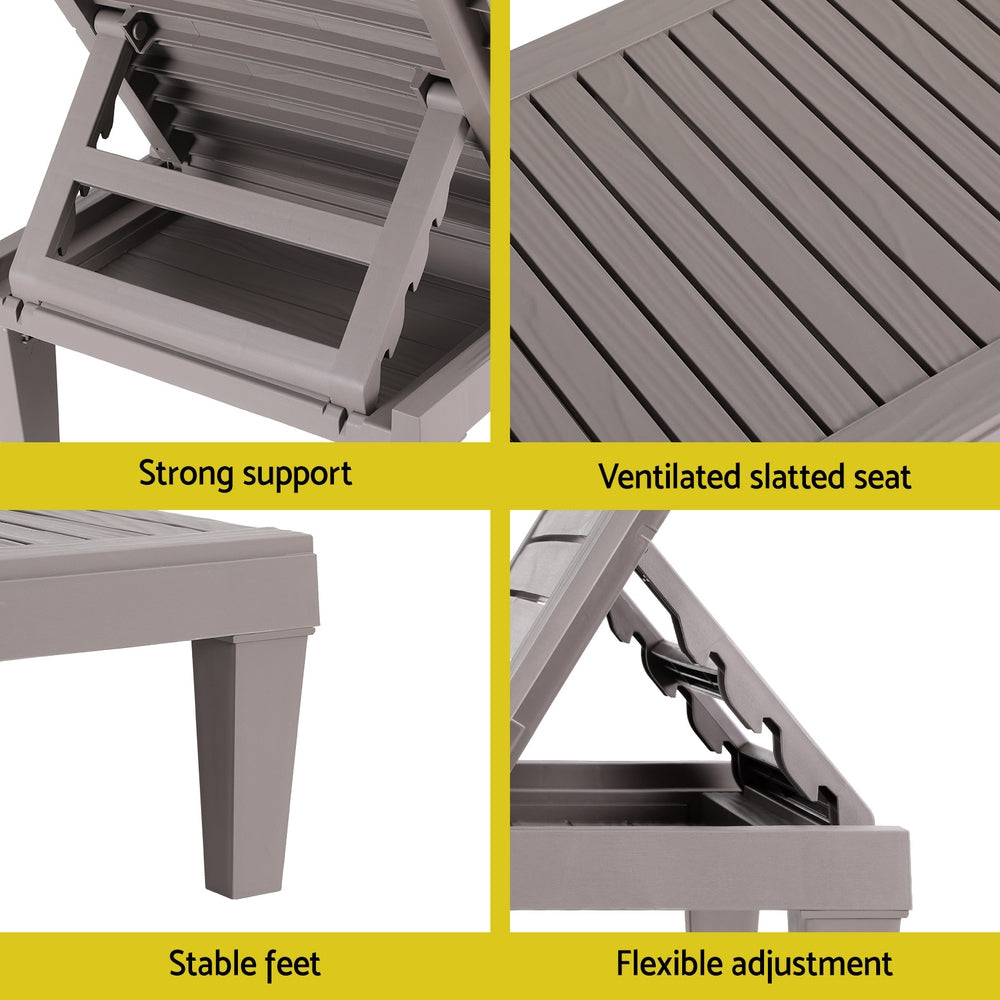 Close-up details of Sun Lounge Adjustable Recliner Patio Outdoor Furniture Lightweight Grey showing slatted seat, support, feet, and adjustment mechanism.