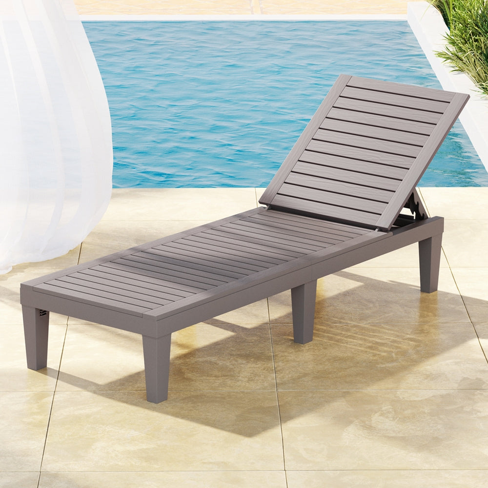 Sun Lounge Adjustable Recliner Patio Outdoor Furniture Lightweight Grey with slatted design by poolside on tiled floor
