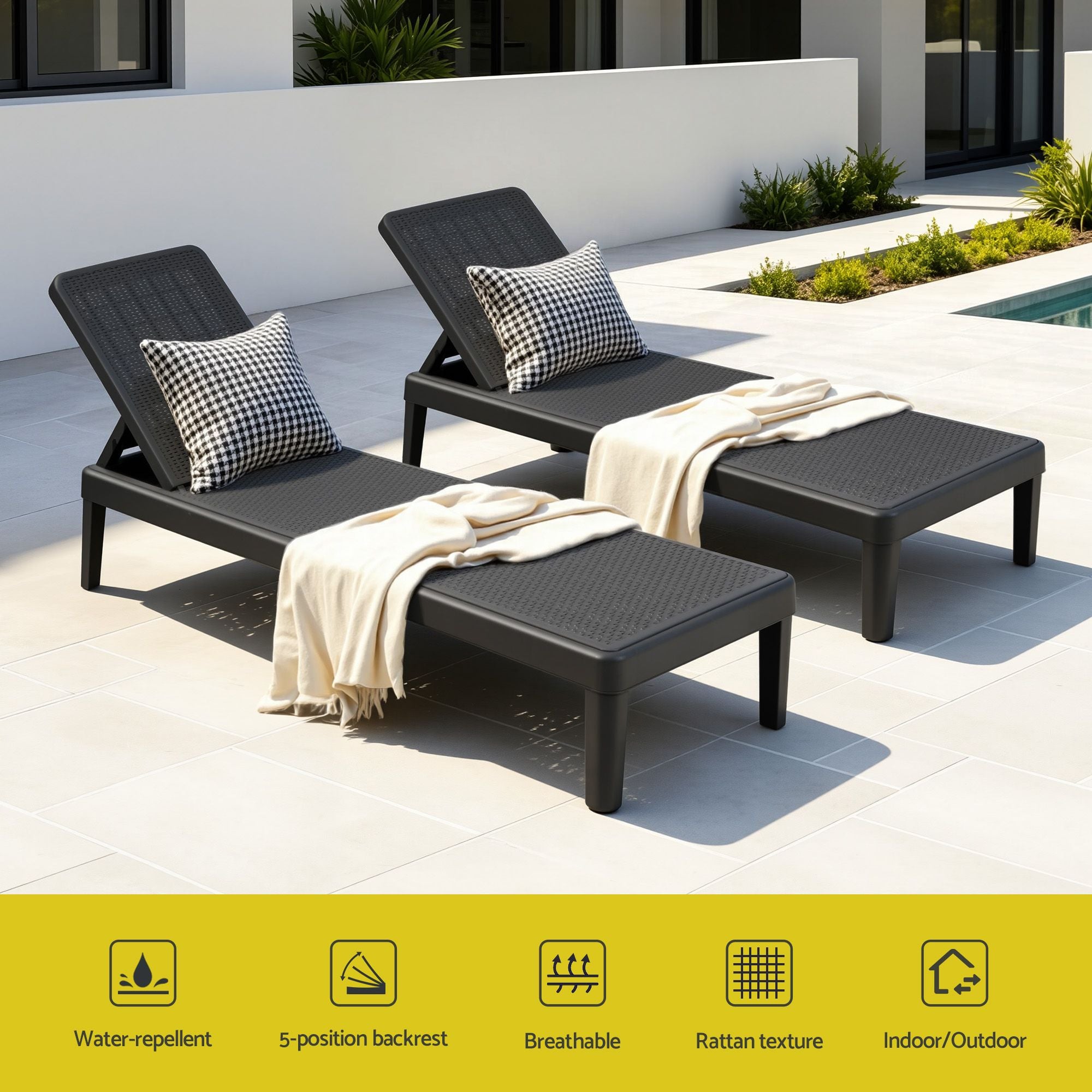 Adjustable Outdoor Sun Lounger Patio Furniture Lightweight - Black