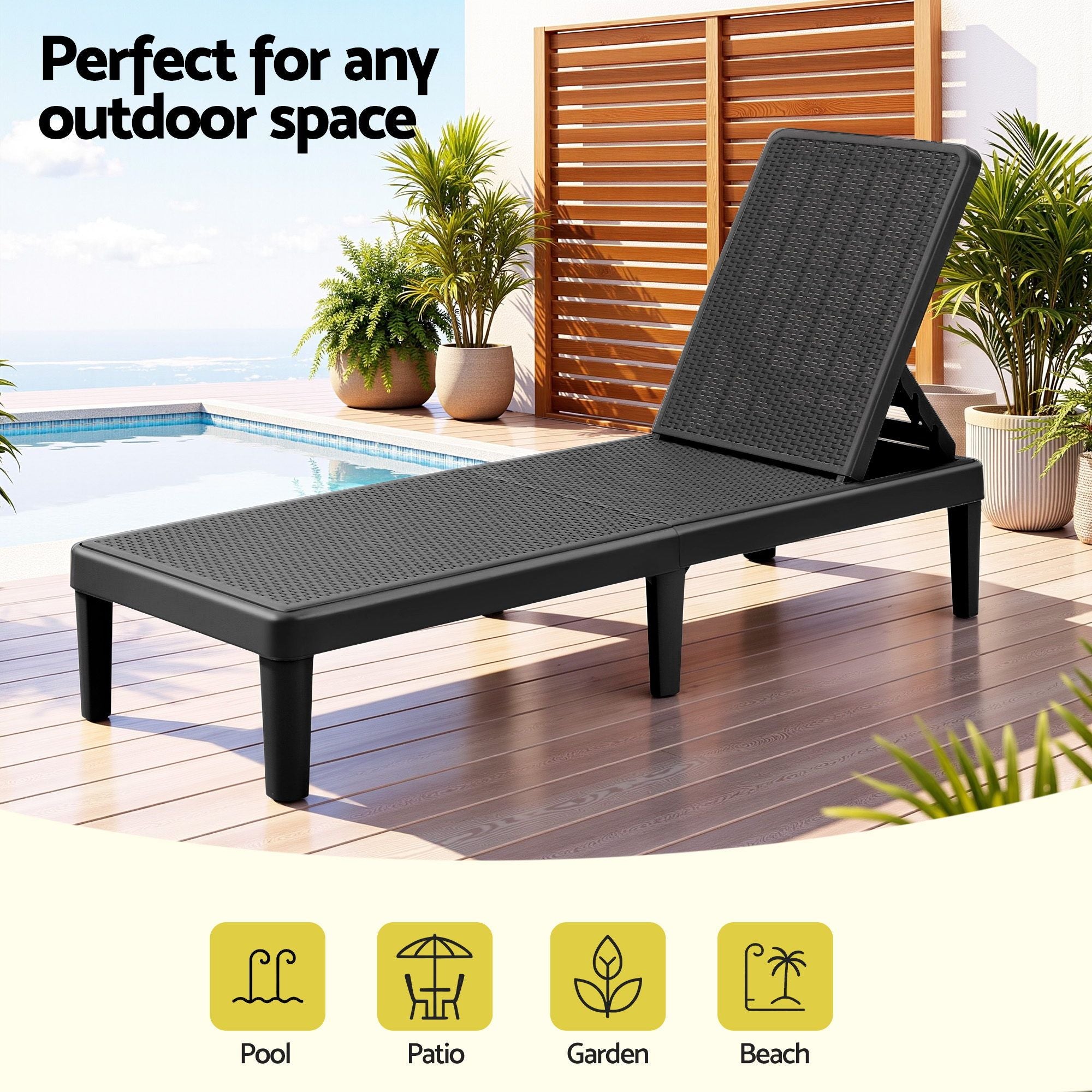 Adjustable Outdoor Sun Lounger Patio Furniture Lightweight - Black