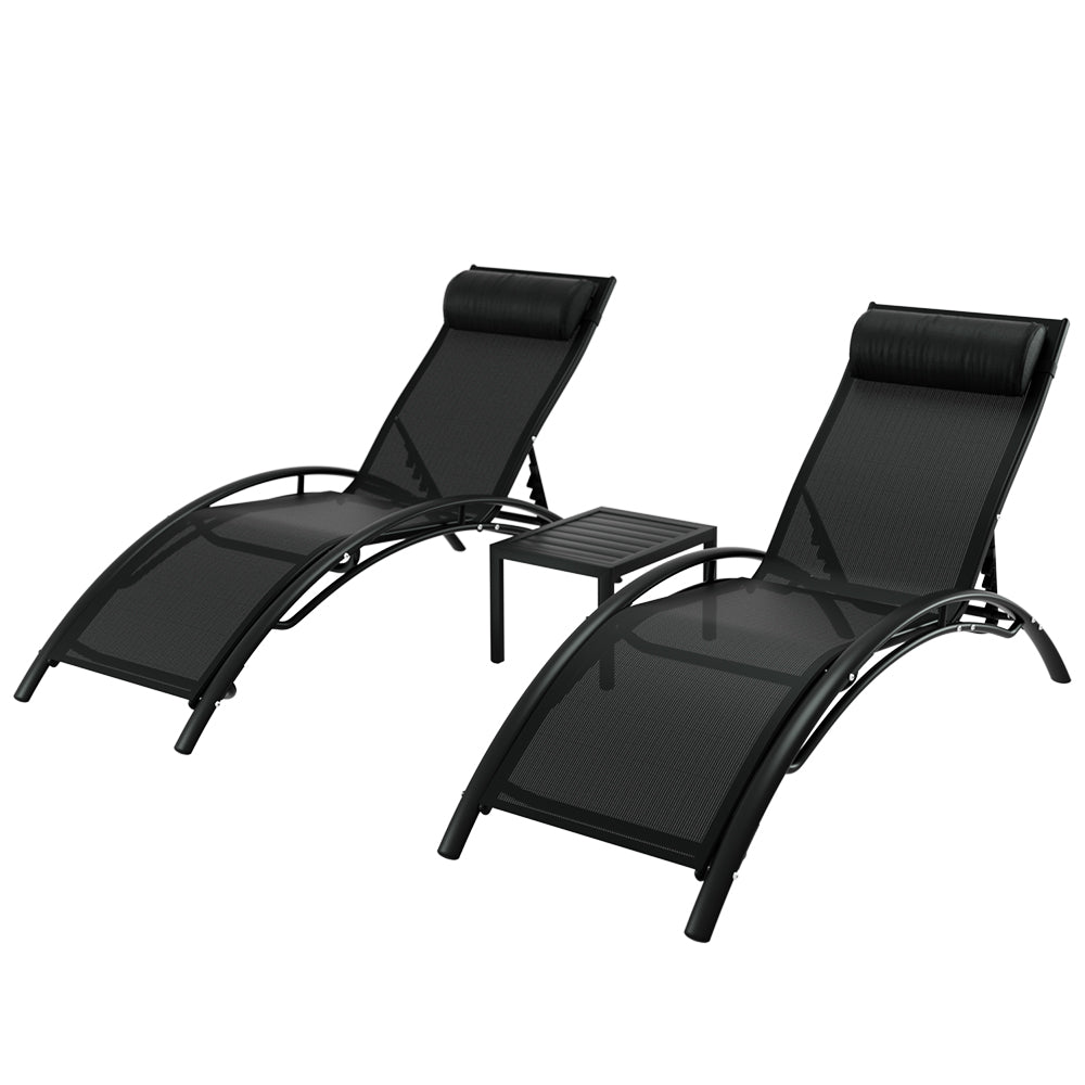 3 Piece Sun Lounger Set Black with curved steel frames, black textilene fabric loungers, and matching side table on white background