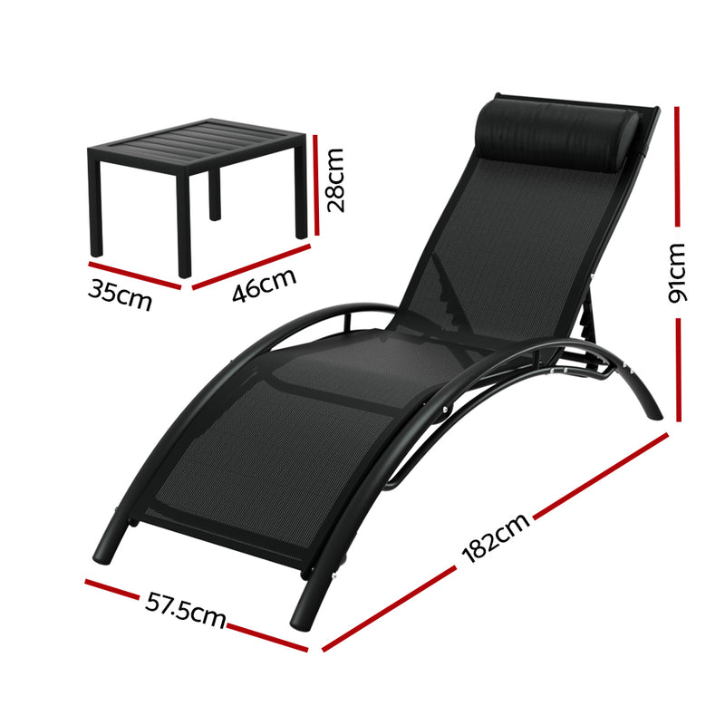3 Piece Sun Lounger Set Black with curved steel frame, textilene fabric lounger, and matching side table with dimensions shown