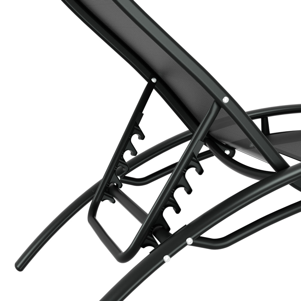 Close-up of adjustable recline mechanism on 3 Piece Sun Lounger Set Black with black steel frame and textilene fabric