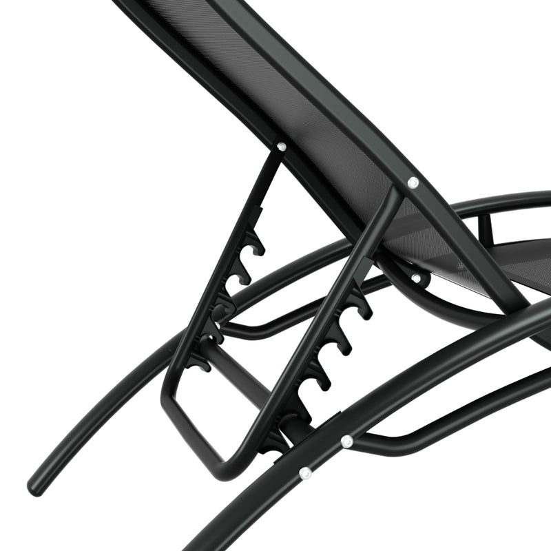 Close-up of adjustable recline mechanism on 3 Piece Sun Lounger Set Black with black steel frame and textilene fabric