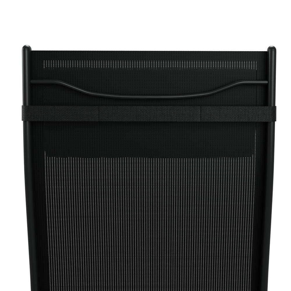 3 Piece Sun Lounger Set Black with durable steel frame and breathable black textilene fabric for outdoor relaxation.