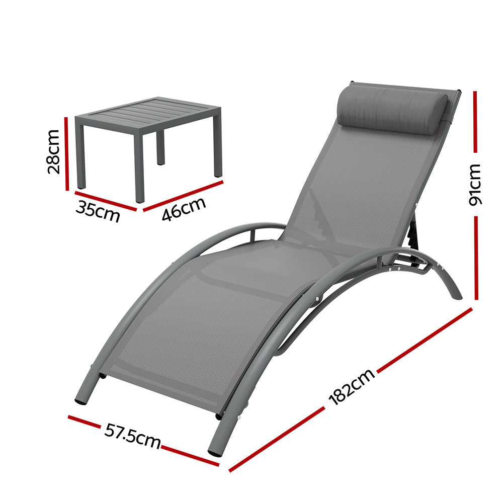 3PC Sun Lounge Outdoor Lounger Steel Table Chairs Patio Furniture Grey with steel frame and premium textilene fabric shown with dimensions.