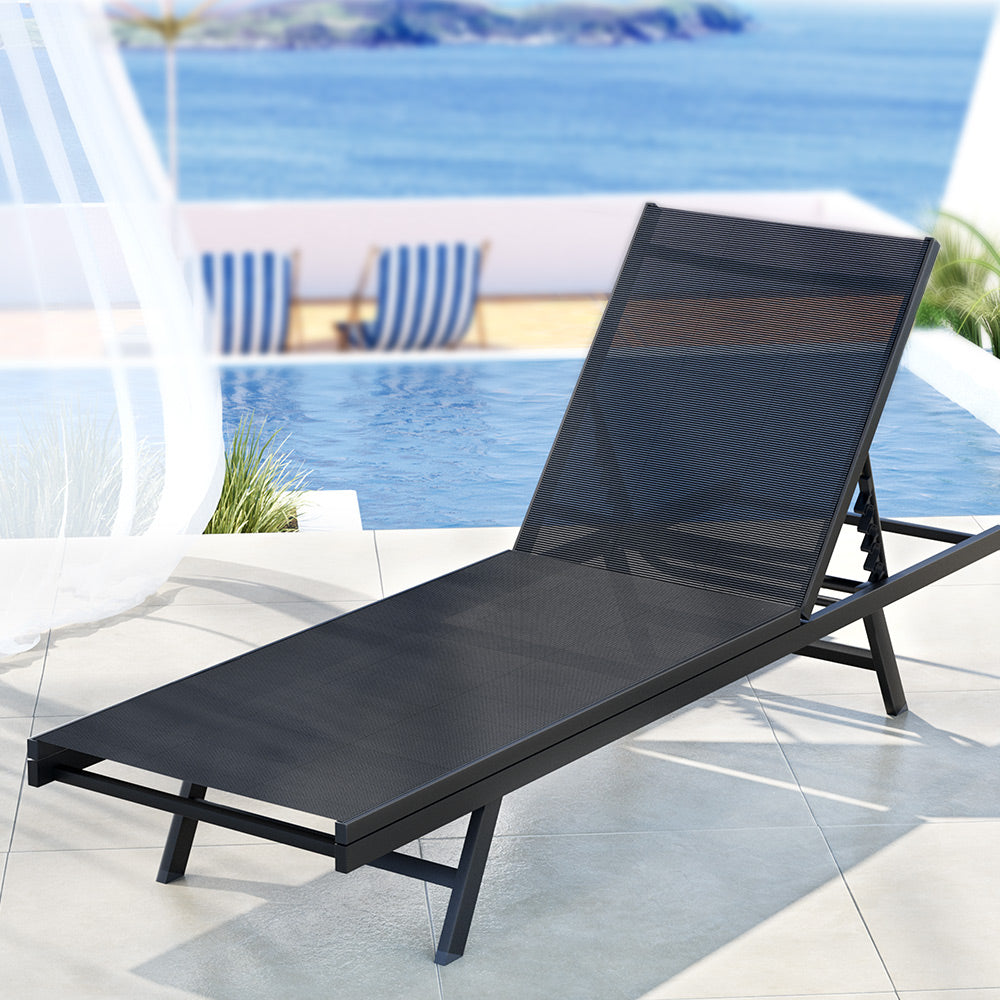 Sun Lounge Outdoor Lounger Steel Beach Chair Patio Furniture Black with adjustable backrest on poolside patio