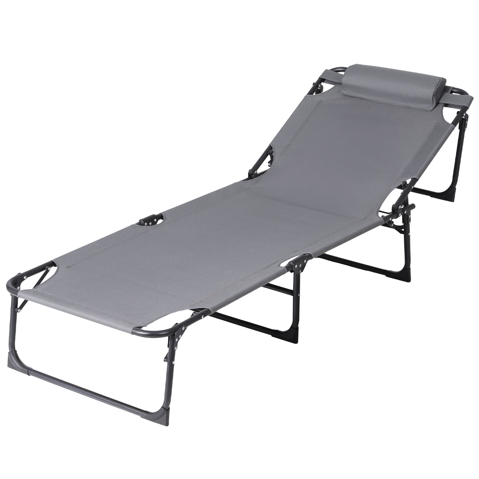 Sun Lounger Folding Lounge Beach Chair Patio Outdoor Furniture in gray with adjustable backrest and detachable pillow on white background