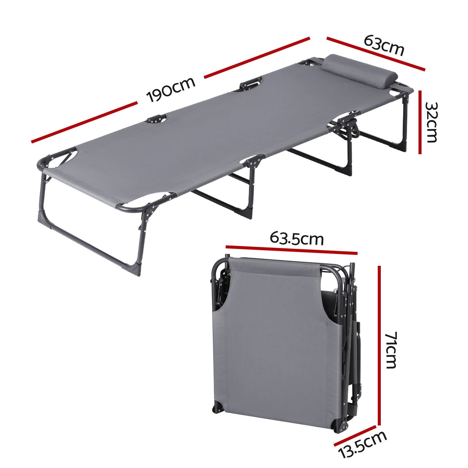 Sun Lounger Folding Lounge Beach Chair Patio Outdoor Furniture in gray with adjustable frame and foldable design shown with dimensions