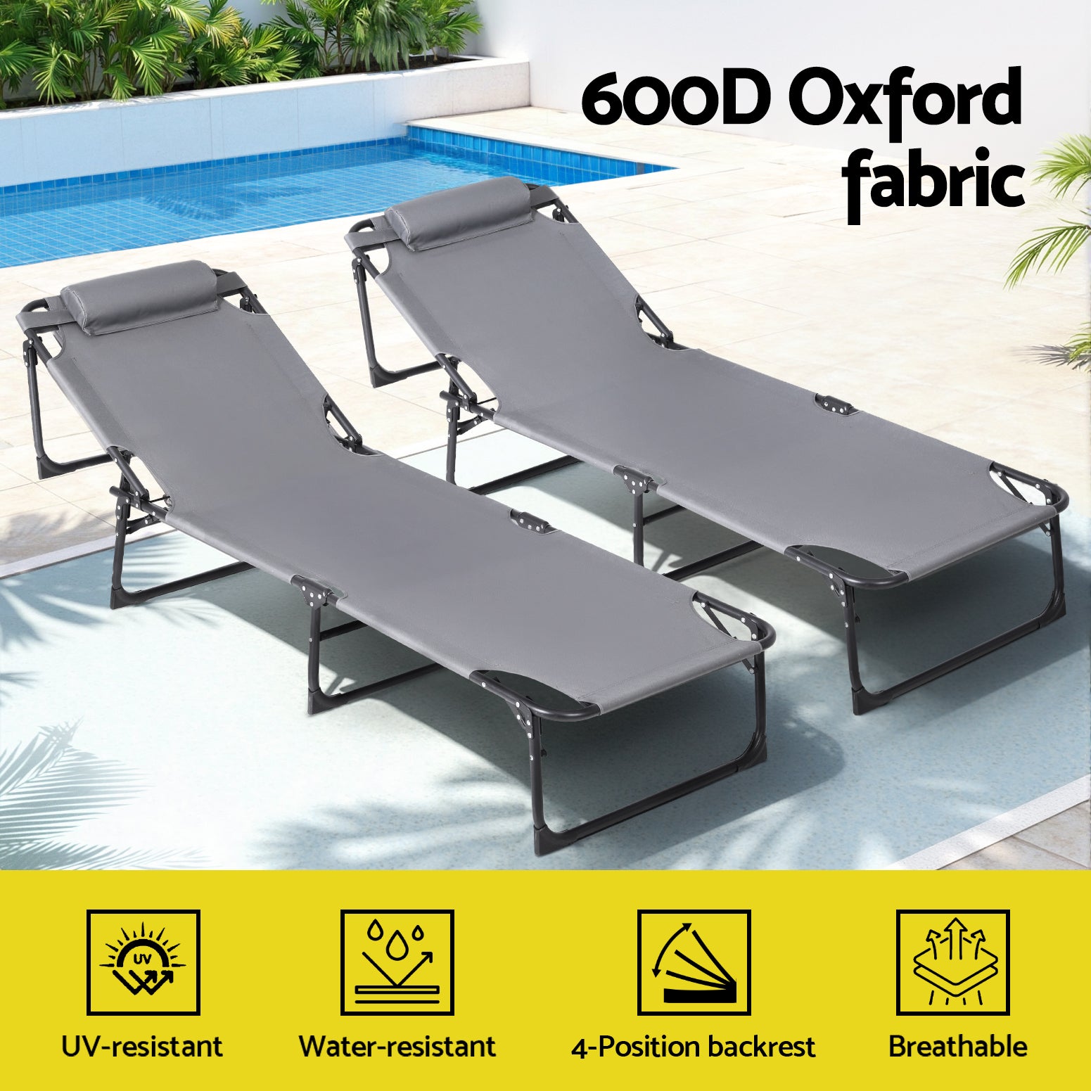 Sun Lounger Folding Lounge Beach Chair Patio Outdoor Furniture with 600D Oxford fabric, adjustable backrest by poolside