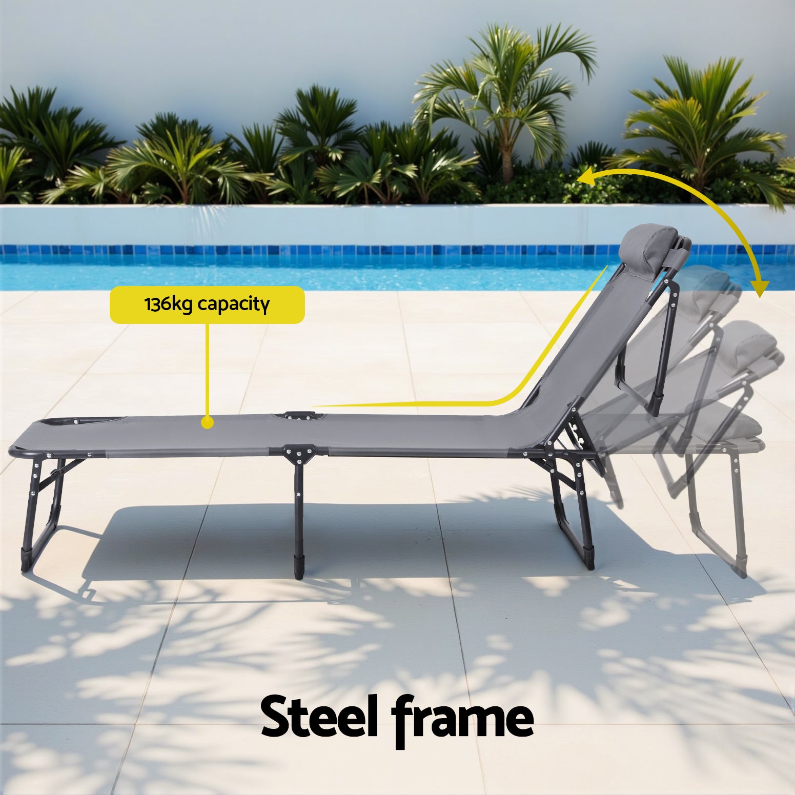 Sun Lounger Folding Lounge Beach Chair Patio Outdoor Furniture with adjustable backrest and steel frame by poolside