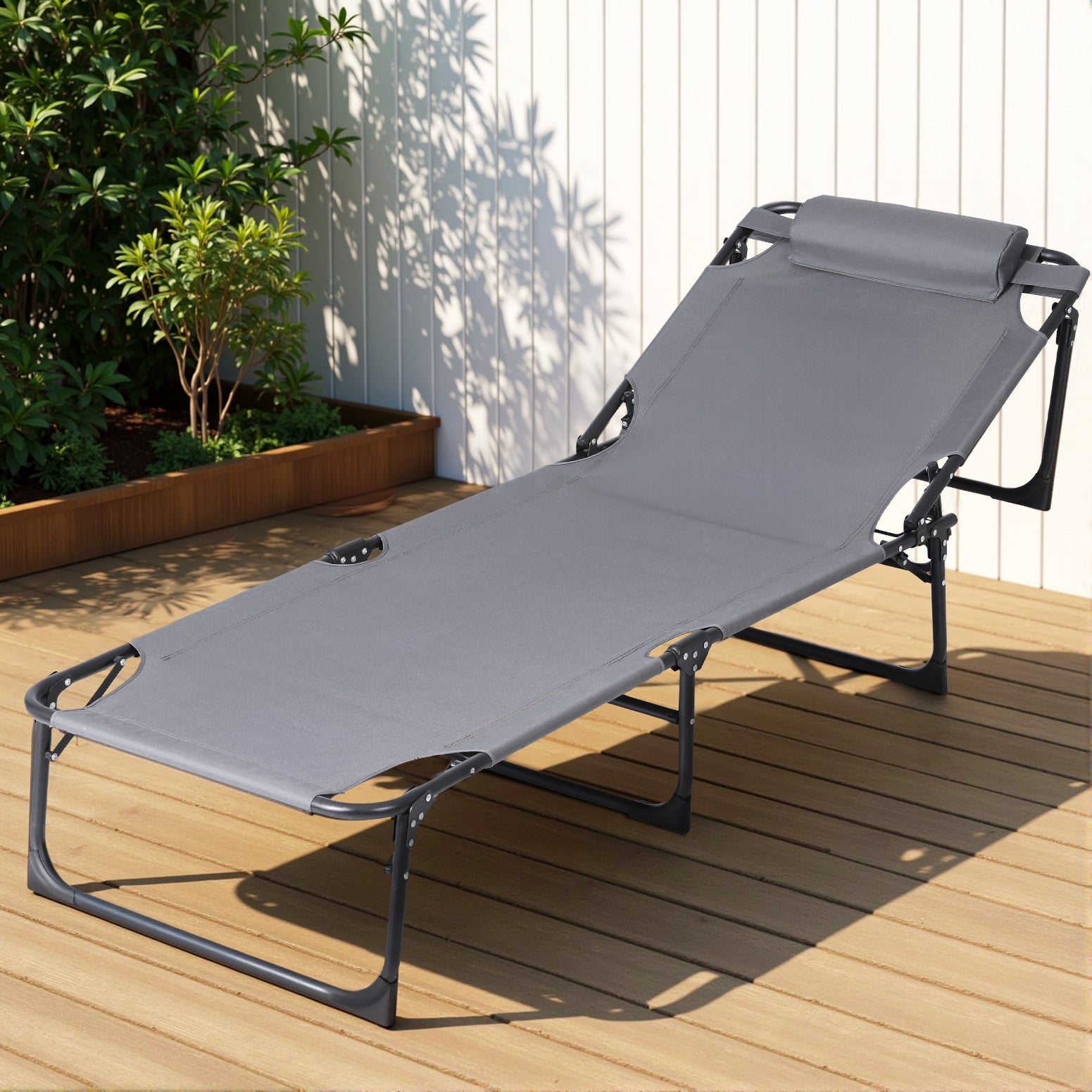 Sun Lounger Folding Lounge Beach Chair Patio Outdoor Furniture in gray with adjustable backrest and steel frame on wooden deck