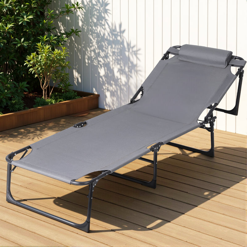 Sun Lounger Folding Lounge Beach Chair Patio Outdoor Furniture in gray with adjustable backrest and steel frame on wooden deck