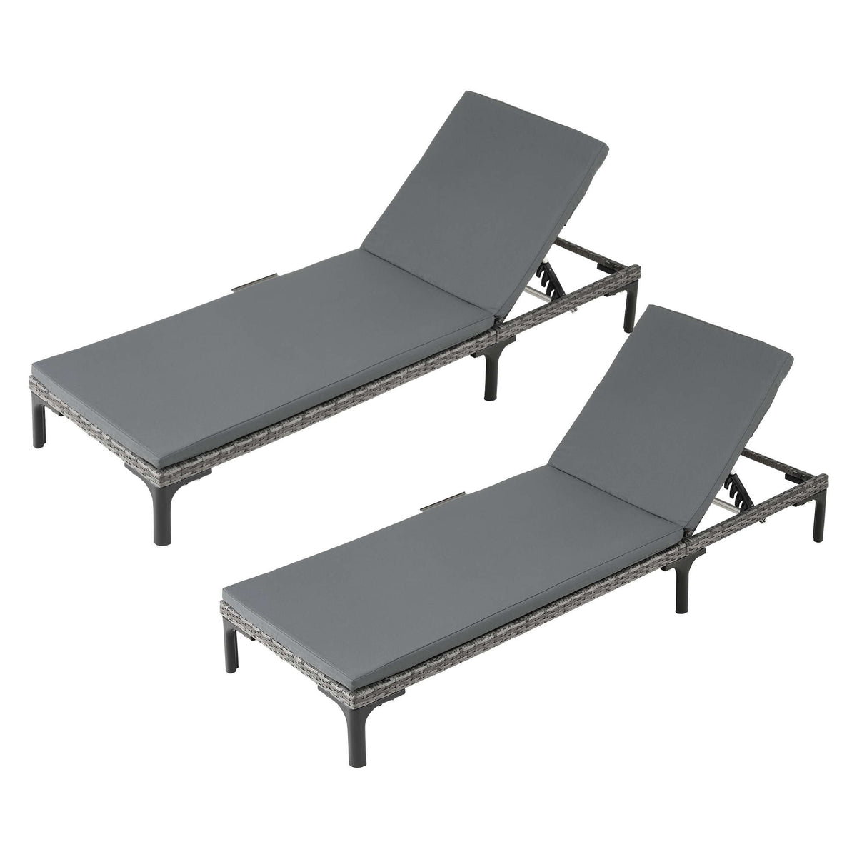 2PC Sun Lounger PE Rattan Recliners with Cup Holder, Cushion & Rain Cover - Grey