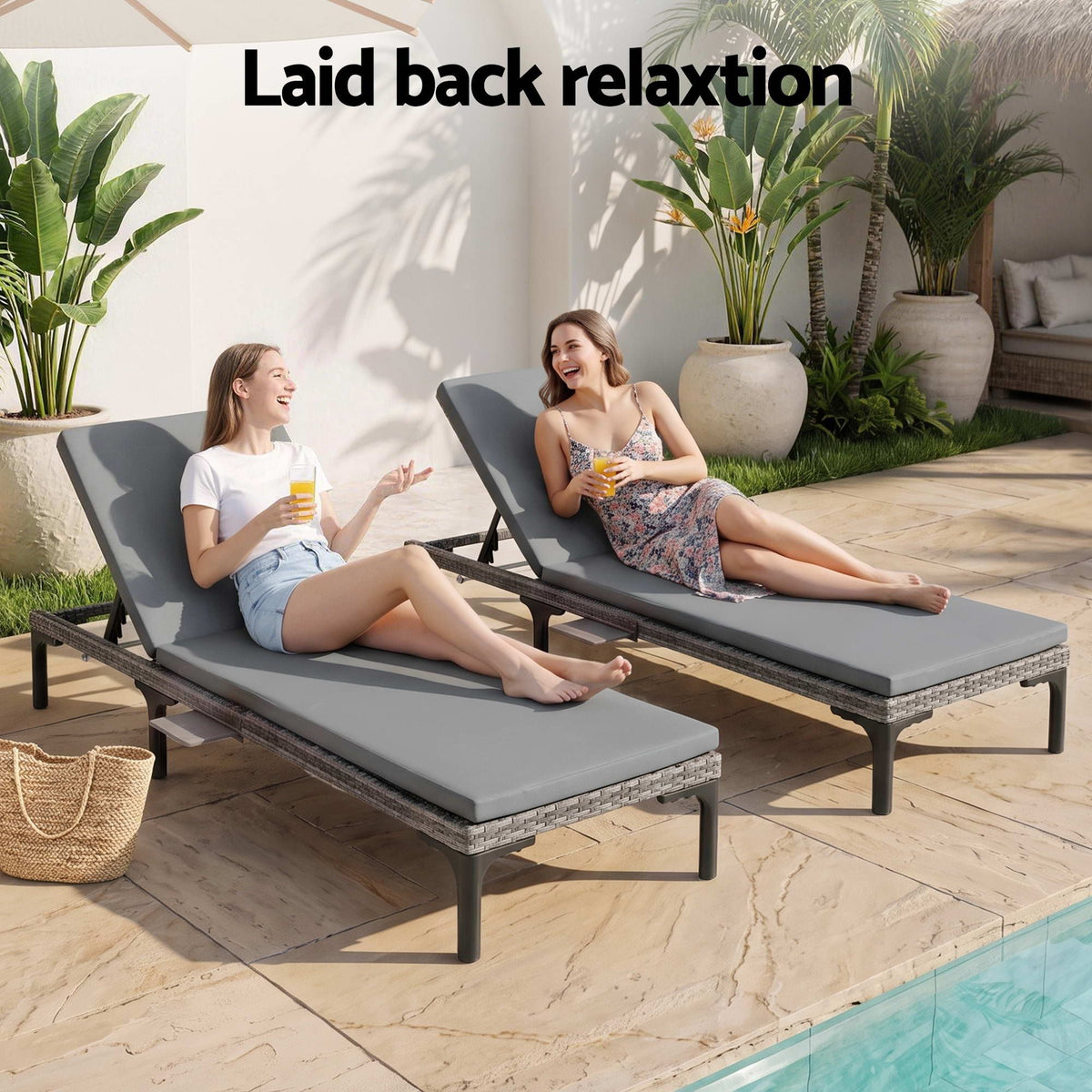 2PC Sun Lounger PE Rattan Recliners with Cup Holder, Cushion & Rain Cover - Grey