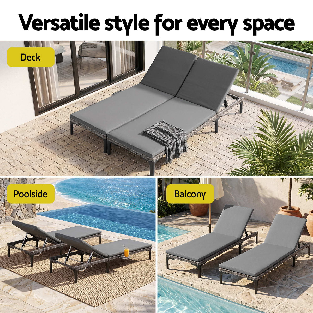 2PC Sun Lounger PE Rattan Recliners with Cup Holder, Cushion & Rain Cover - Grey