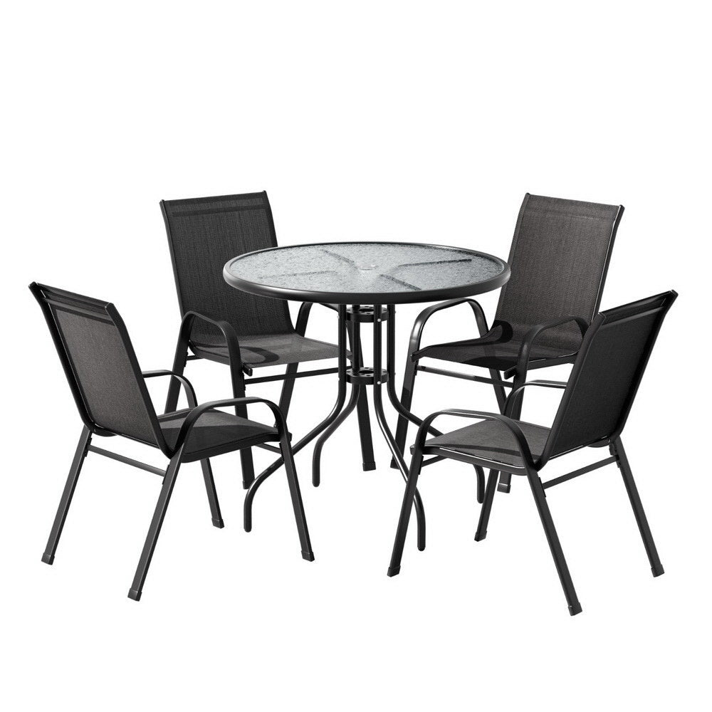 5-Piece Outdoor Dining Set with Table & Stackable Chairs - Black, featuring round glass table and four mesh chairs