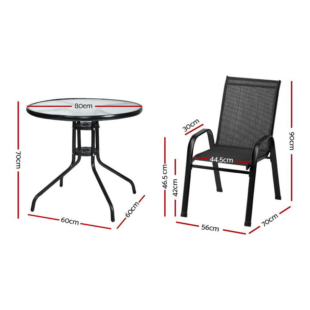 5-Piece Outdoor Dining Set with Table & Stackable Chairs - Black with metal frame and mesh seating, shown with dimensions