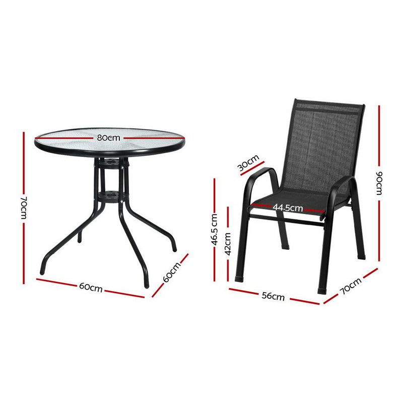 5-Piece Outdoor Dining Set with Table & Stackable Chairs - Black with metal frame and mesh seating, shown with dimensions