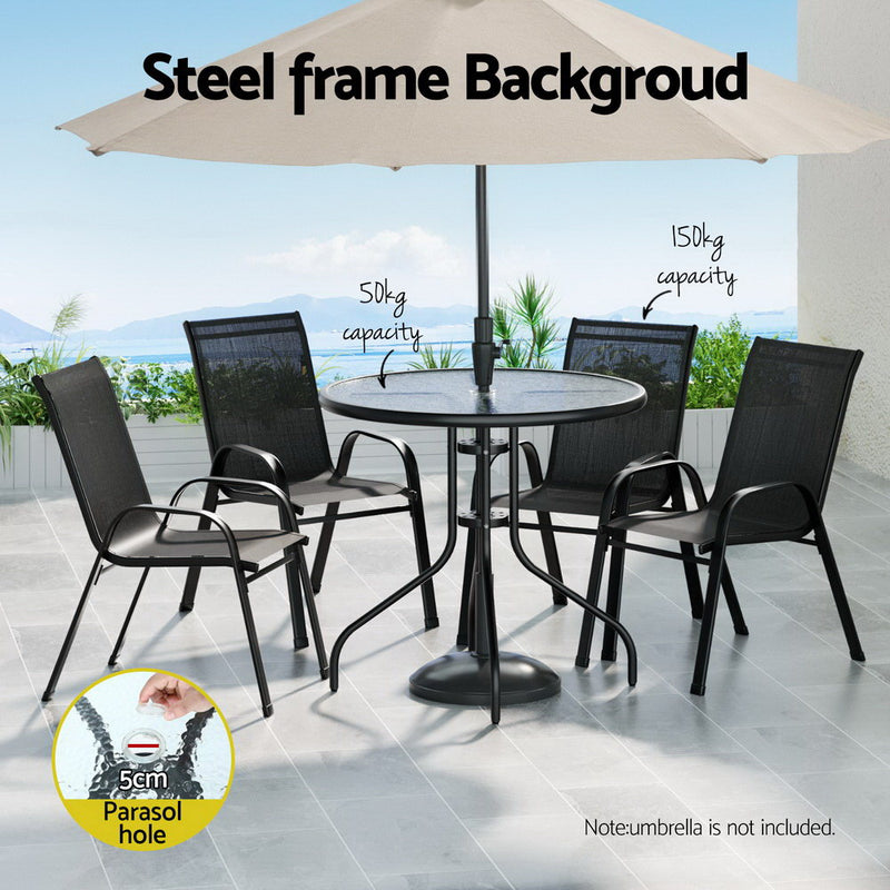5-Piece Outdoor Dining Set with Table & Stackable Chairs - Black with steel frame and parasol hole, shown on patio setting