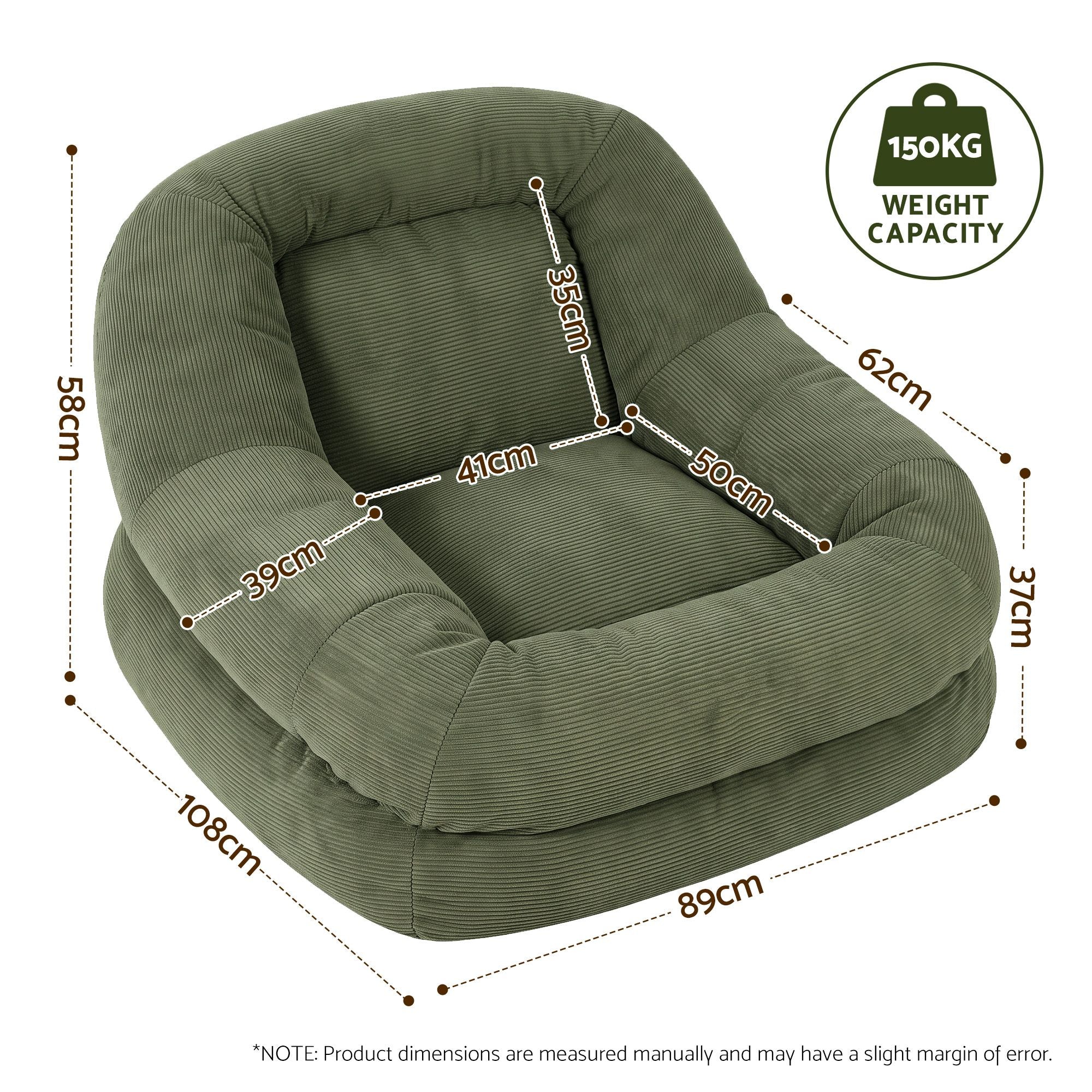 Armchair Floor Chair Couch Recliner 1 Seater Cloud Chaise Lounge Corduroy Green