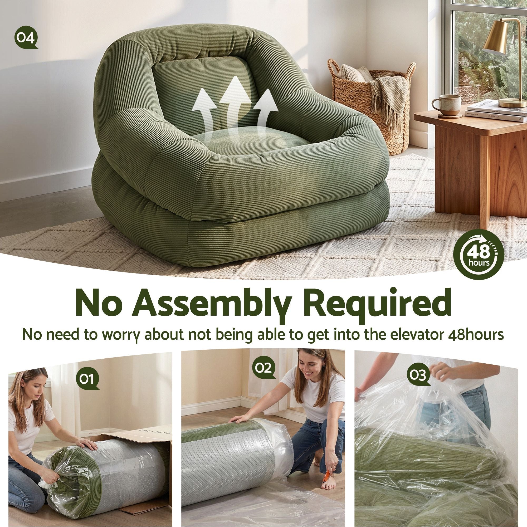 Armchair Floor Chair Couch Recliner 1 Seater Cloud Chaise Lounge Corduroy Green