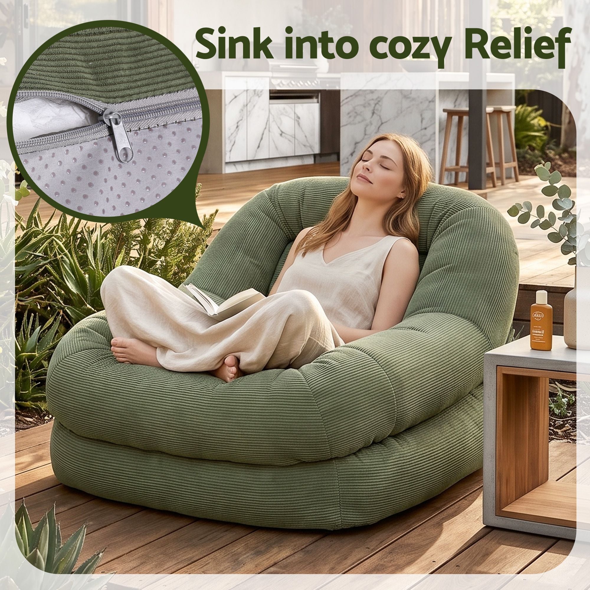 Armchair Floor Chair Couch Recliner 1 Seater Cloud Chaise Lounge Corduroy Green