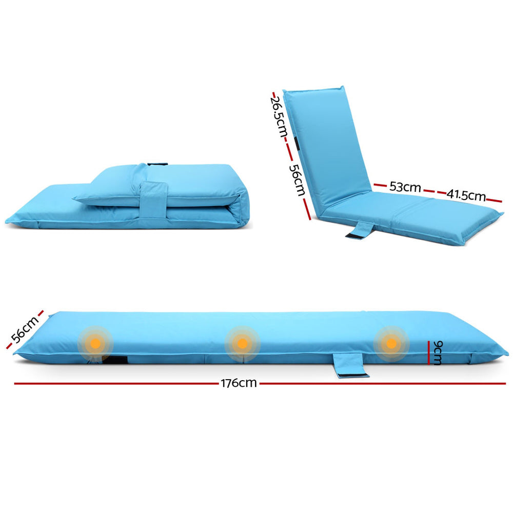 Adjustable Beach Sun Pool Lounger - Blue shown folded, partially upright, and flat with dimension markings on white background
