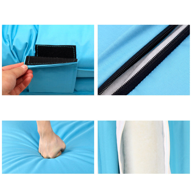 Adjustable Beach Sun Pool Lounger - Blue close-up details of fabric, zipper, stitching, and cushioning material